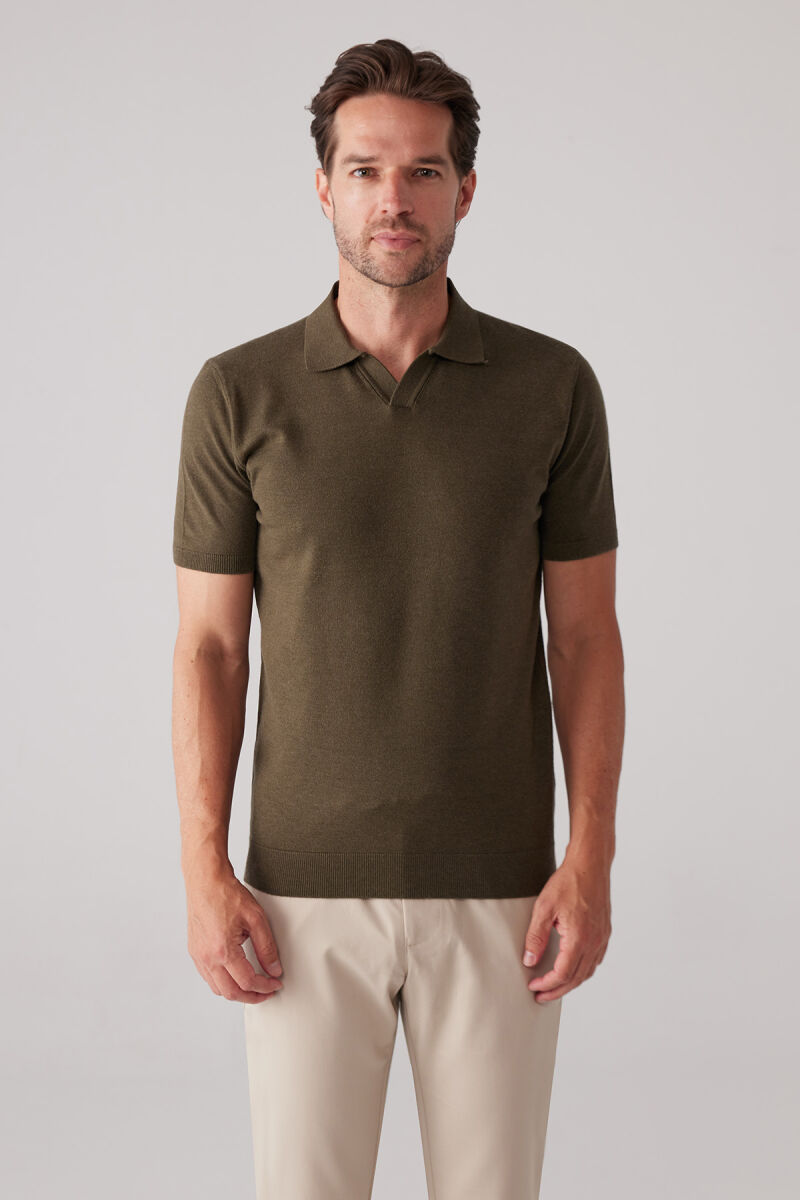 Erkek Haki Yeşil Polo Yaka Pamuk Kaşmir İçerikli T-shirt - 4