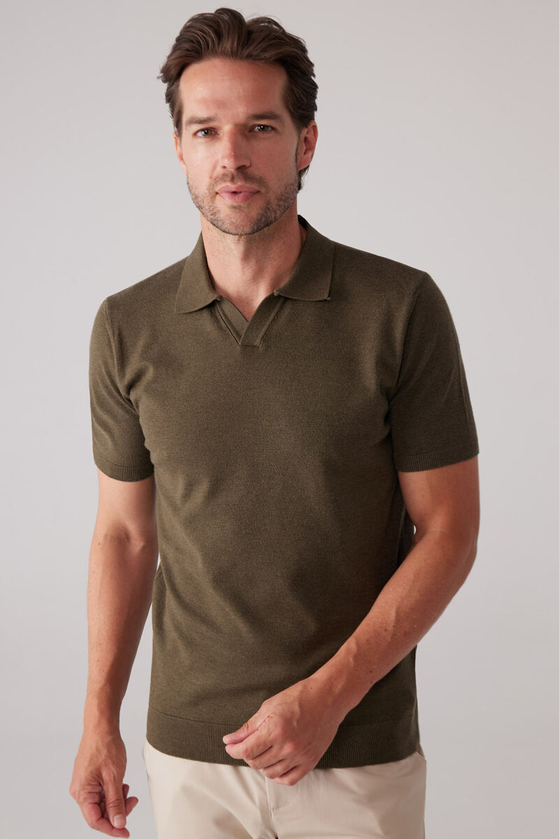 Erkek Haki Yeşil Polo Yaka Pamuk Kaşmir İçerikli T-shirt - 5