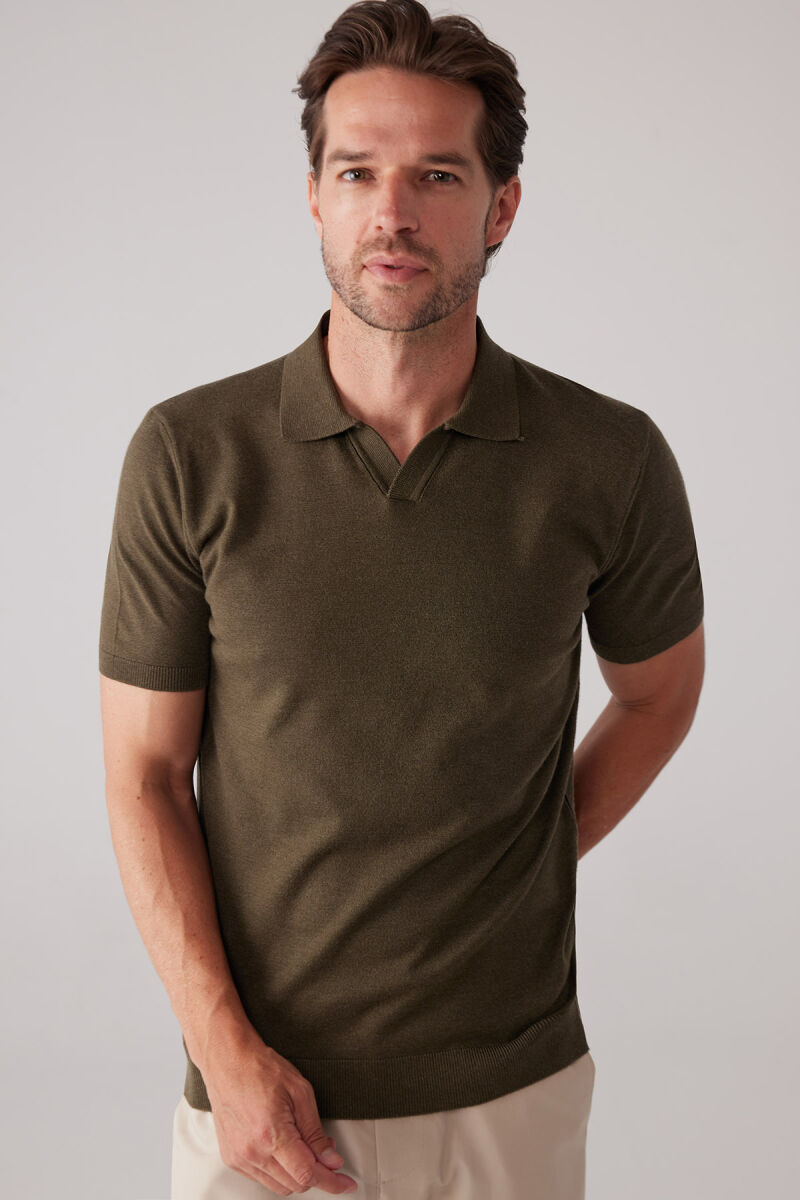 Erkek Haki Yeşil Polo Yaka Pamuk Kaşmir İçerikli T-shirt - 6