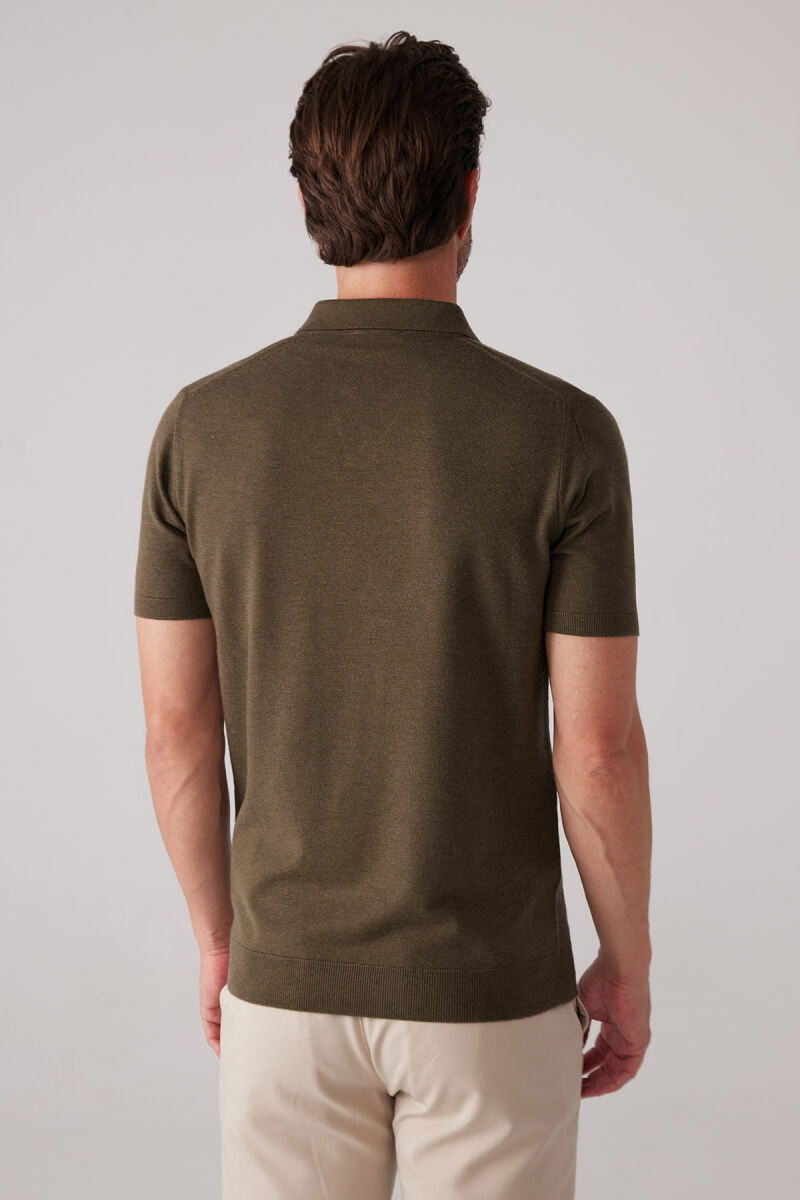 Erkek Haki Yeşil Polo Yaka Pamuk Kaşmir İçerikli T-shirt - 8