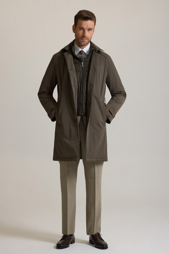 Erkek Haki Yeşil Regular Fit İçi Çıkmalı Kuşaklı Pardesü