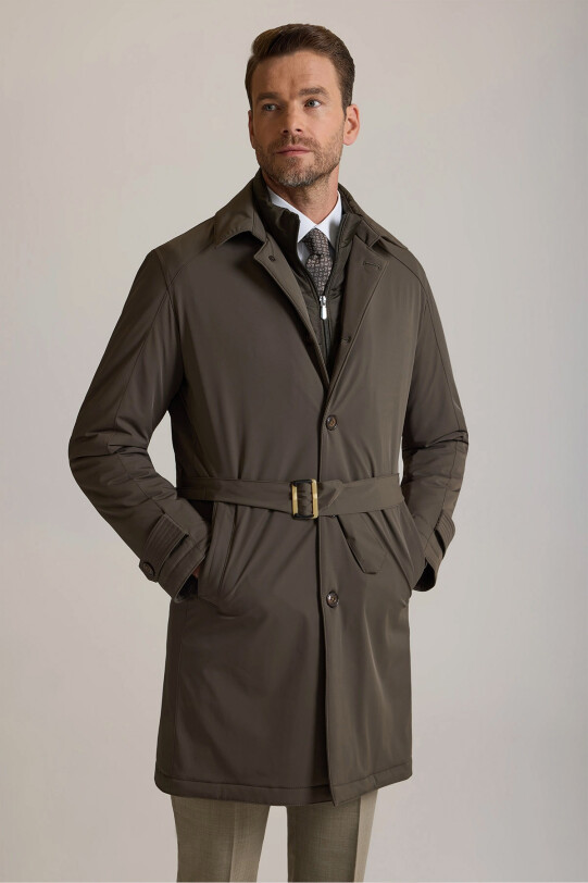 Erkek Haki Yeşil Regular Fit İçi Çıkmalı Kuşaklı Pardesü