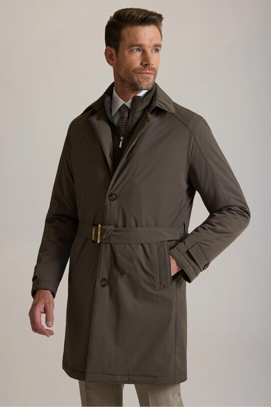 Erkek Haki Yeşil Regular Fit İçi Çıkmalı Kuşaklı Pardesü