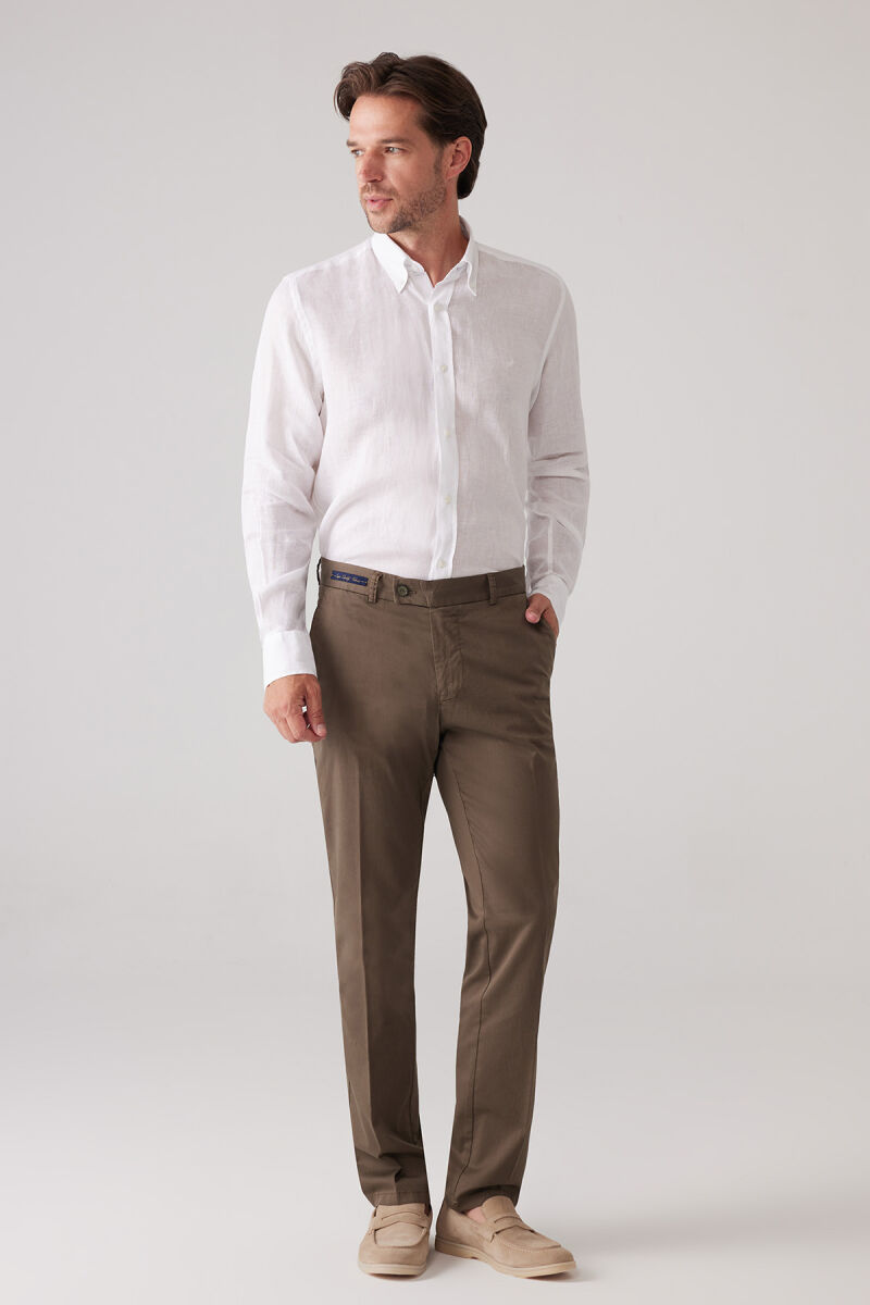Erkek Haki Yeşil Regular Fit Pamuk-Likra Kanvas Pantolon - 6