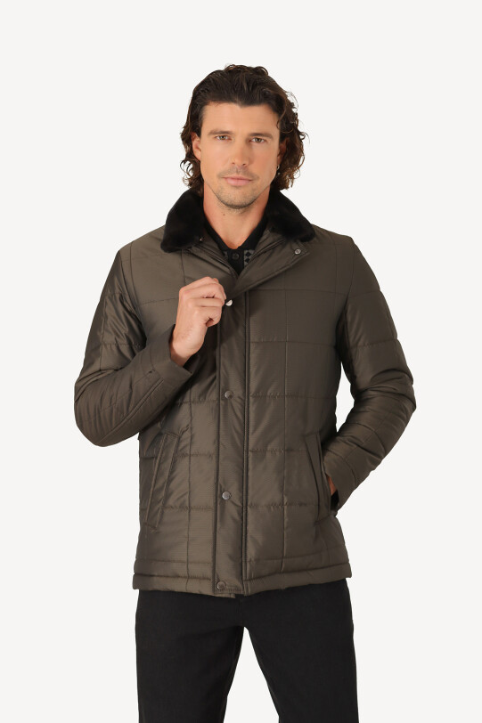 Erkek Haki Yeşil Regular Fit Yakası Kürklü Desenli Kaban