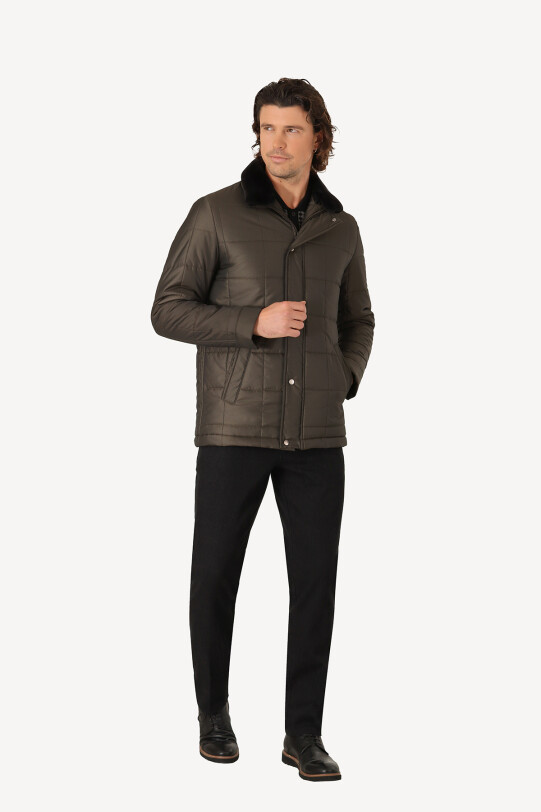 Erkek Haki Yeşil Regular Fit Yakası Kürklü Desenli Kaban