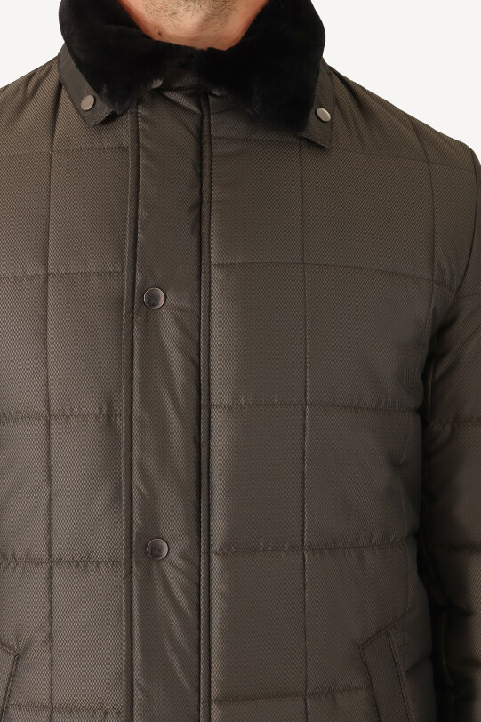 Erkek Haki Yeşil Regular Fit Yakası Kürklü Desenli Kaban