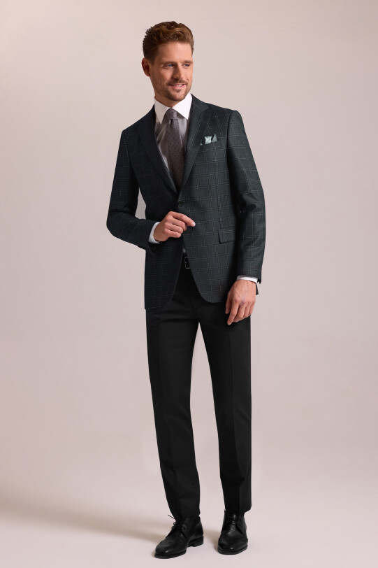 Erkek Haki Yeşil Regular Fit Yünlü Ekose Desenli Tek Ceket