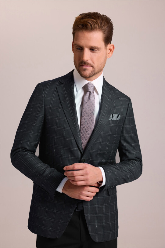 Erkek Haki Yeşil Regular Fit Yünlü Ekose Desenli Tek Ceket