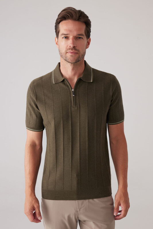 Erkek Haki Yeşil Slim Fit Kaşmir Karışımlı Fermuarlı Polo Yaka Tişört