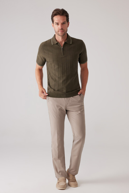 Erkek Haki Yeşil Slim Fit Kaşmir Karışımlı Fermuarlı Polo Yaka Tişört