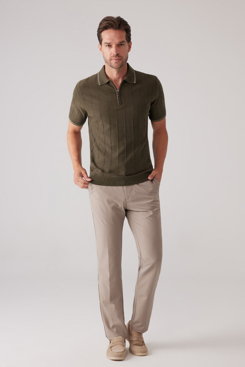 Erkek Haki Yeşil Slim Fit Kaşmir Karışımlı Fermuarlı Polo Yaka Tişört - 2