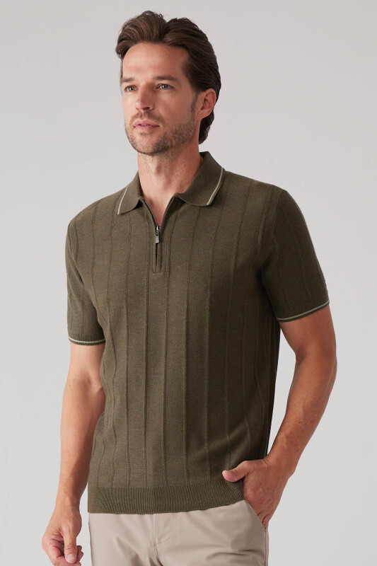 Erkek Haki Yeşil Slim Fit Kaşmir Karışımlı Fermuarlı Polo Yaka Tişört