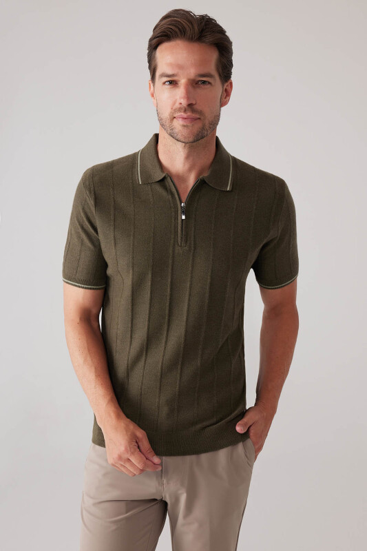 Erkek Haki Yeşil Slim Fit Kaşmir Karışımlı Fermuarlı Polo Yaka Tişört