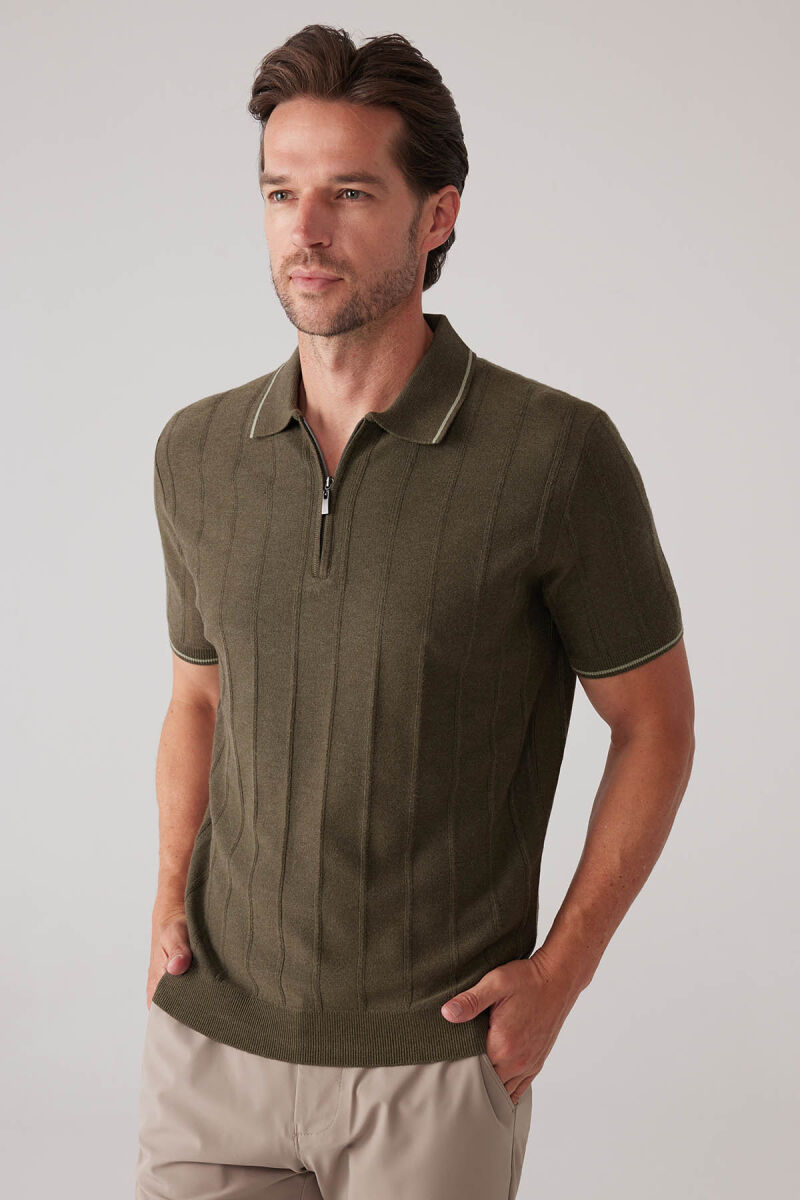 Erkek Haki Yeşil Slim Fit Kaşmir Karışımlı Fermuarlı Polo Yaka Tişört - 5