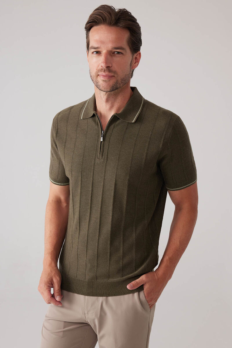 Erkek Haki Yeşil Slim Fit Kaşmir Karışımlı Fermuarlı Polo Yaka Tişört - 6