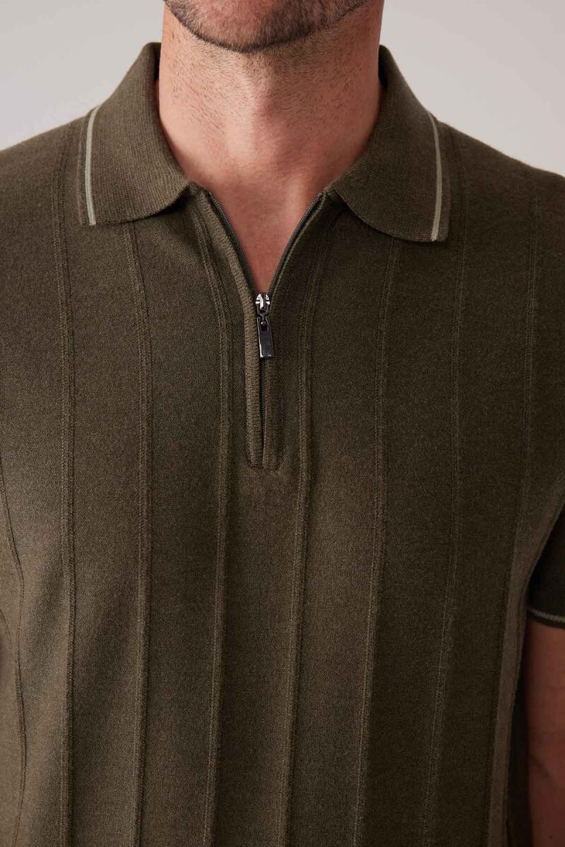 Erkek Haki Yeşil Slim Fit Kaşmir Karışımlı Fermuarlı Polo Yaka Tişört - 7