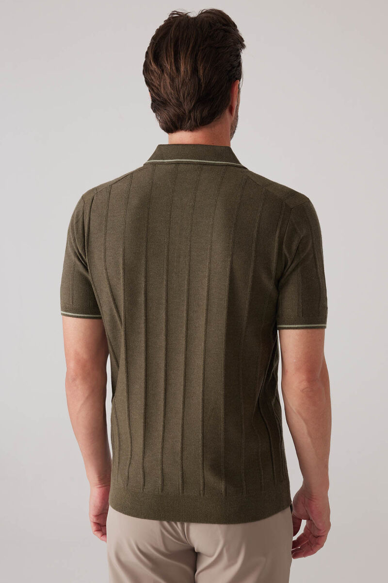 Erkek Haki Yeşil Slim Fit Kaşmir Karışımlı Fermuarlı Polo Yaka Tişört - 8