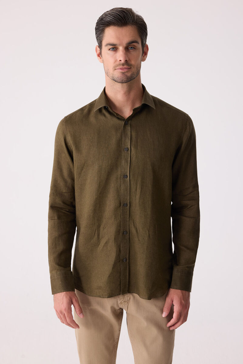 Erkek Haki Yeşil Slim Fit Klasik Yaka Keten Gömlek - 2