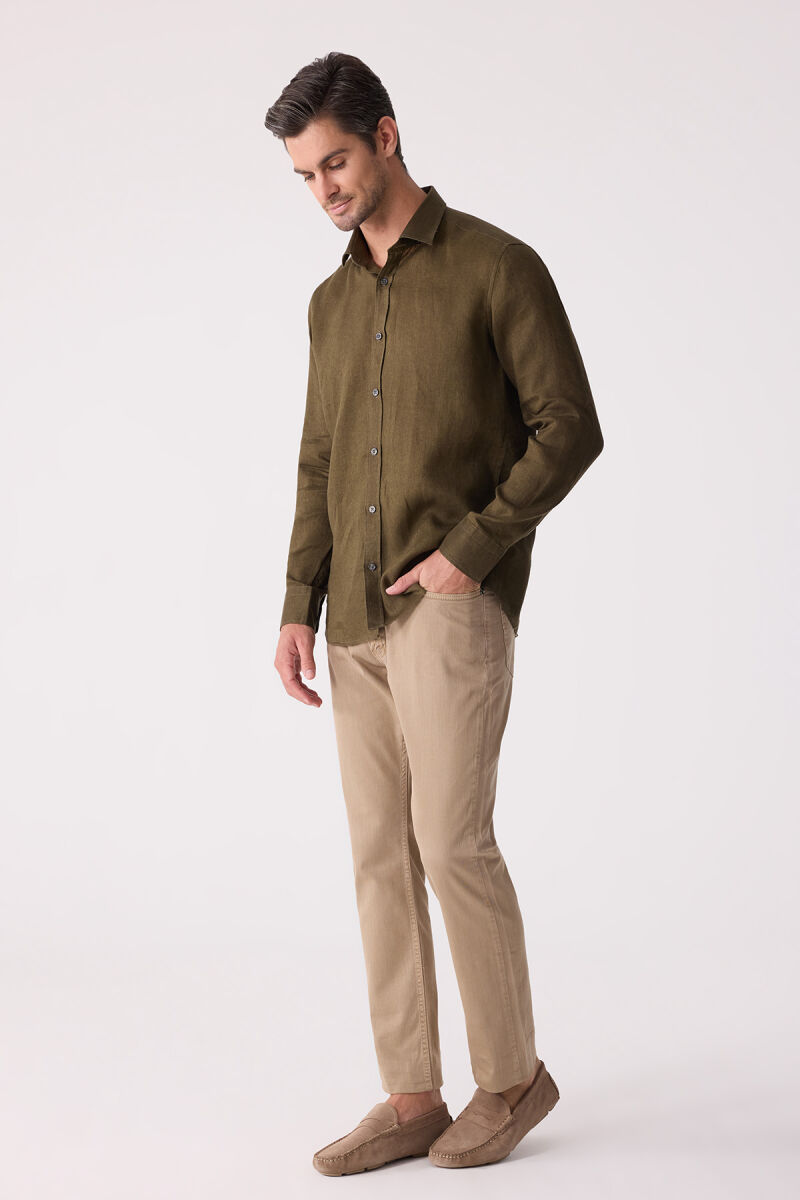 Erkek Haki Yeşil Slim Fit Klasik Yaka Keten Gömlek - 3