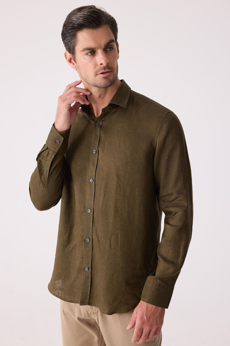 Erkek Haki Yeşil Slim Fit Klasik Yaka Keten Gömlek - 4
