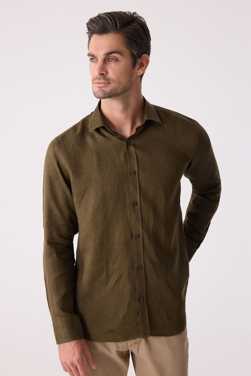 Erkek Haki Yeşil Slim Fit Klasik Yaka Keten Gömlek - 5