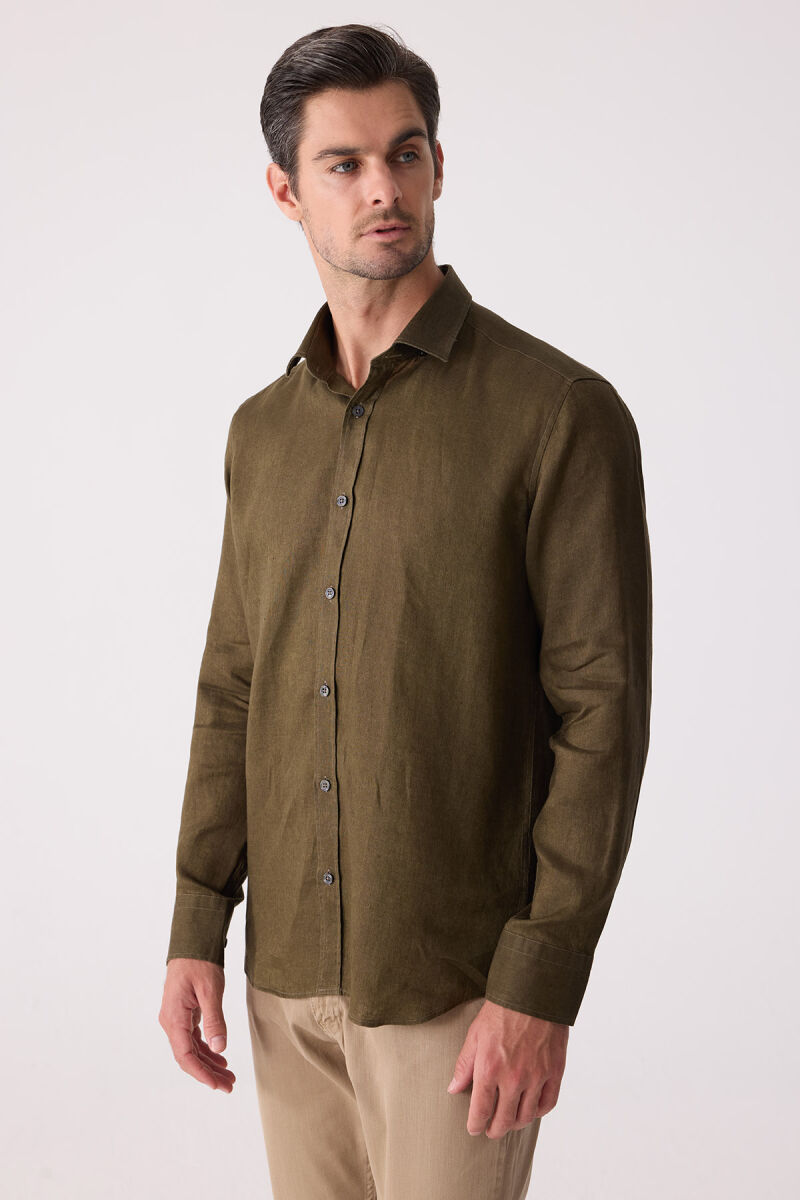 Erkek Haki Yeşil Slim Fit Klasik Yaka Keten Gömlek - 6