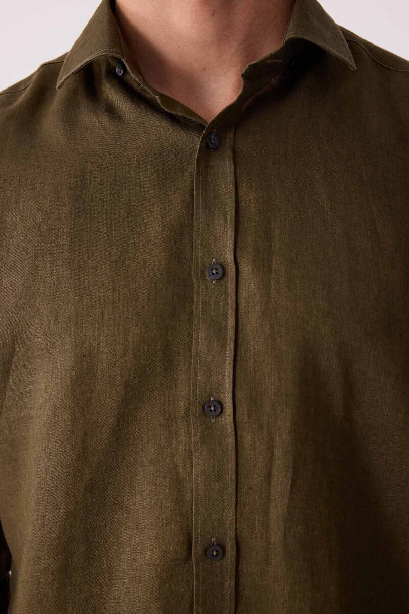 Erkek Haki Yeşil Slim Fit Klasik Yaka Keten Gömlek - 7