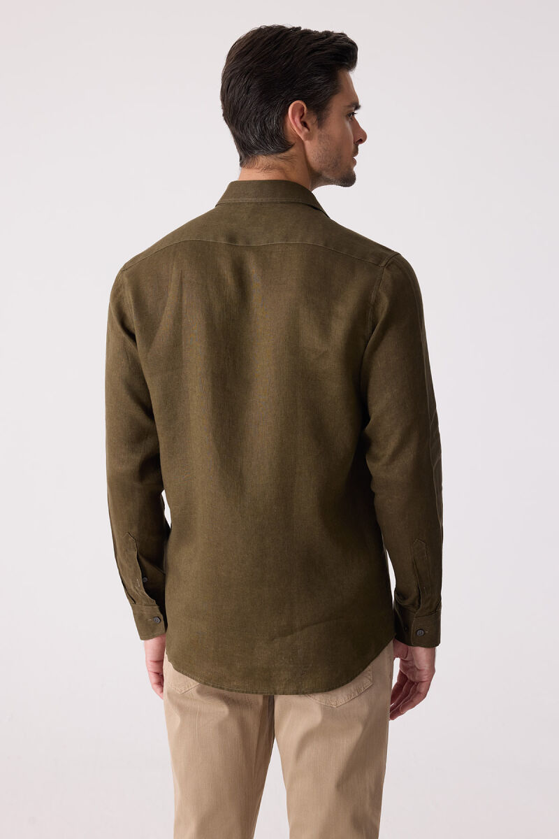 Erkek Haki Yeşil Slim Fit Klasik Yaka Keten Gömlek - 8