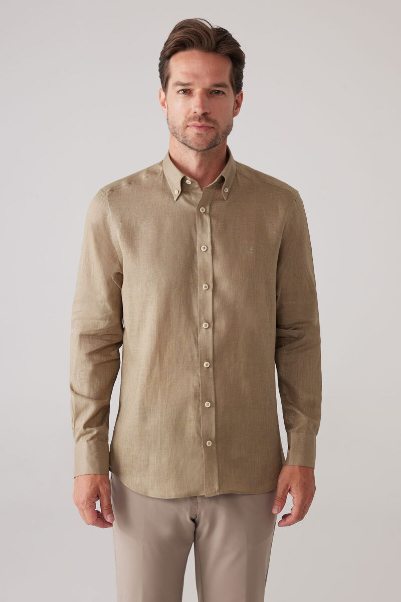 Erkek Haki Yeşil Slim Fit Yaka Düğmeli %100 Keten Gömlek - 2