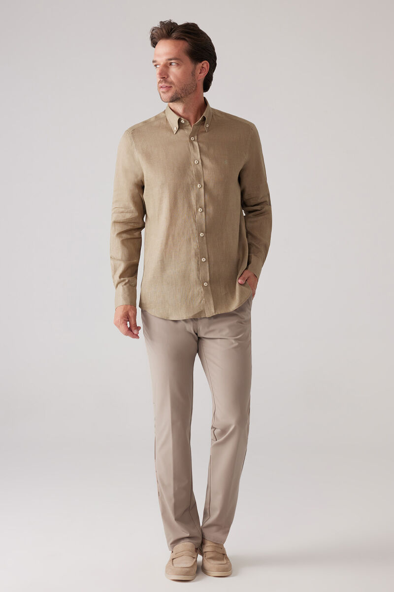 Erkek Haki Yeşil Slim Fit Yaka Düğmeli %100 Keten Gömlek - 3