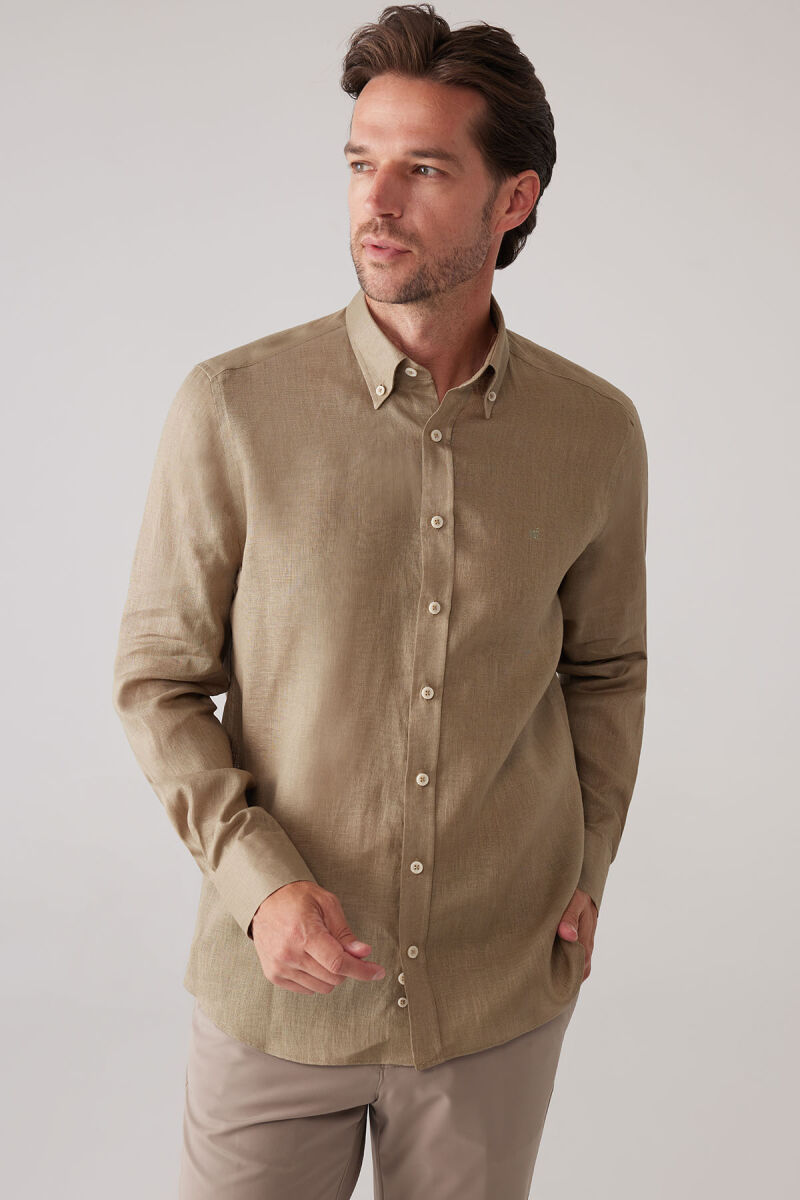 Erkek Haki Yeşil Slim Fit Yaka Düğmeli %100 Keten Gömlek - 5