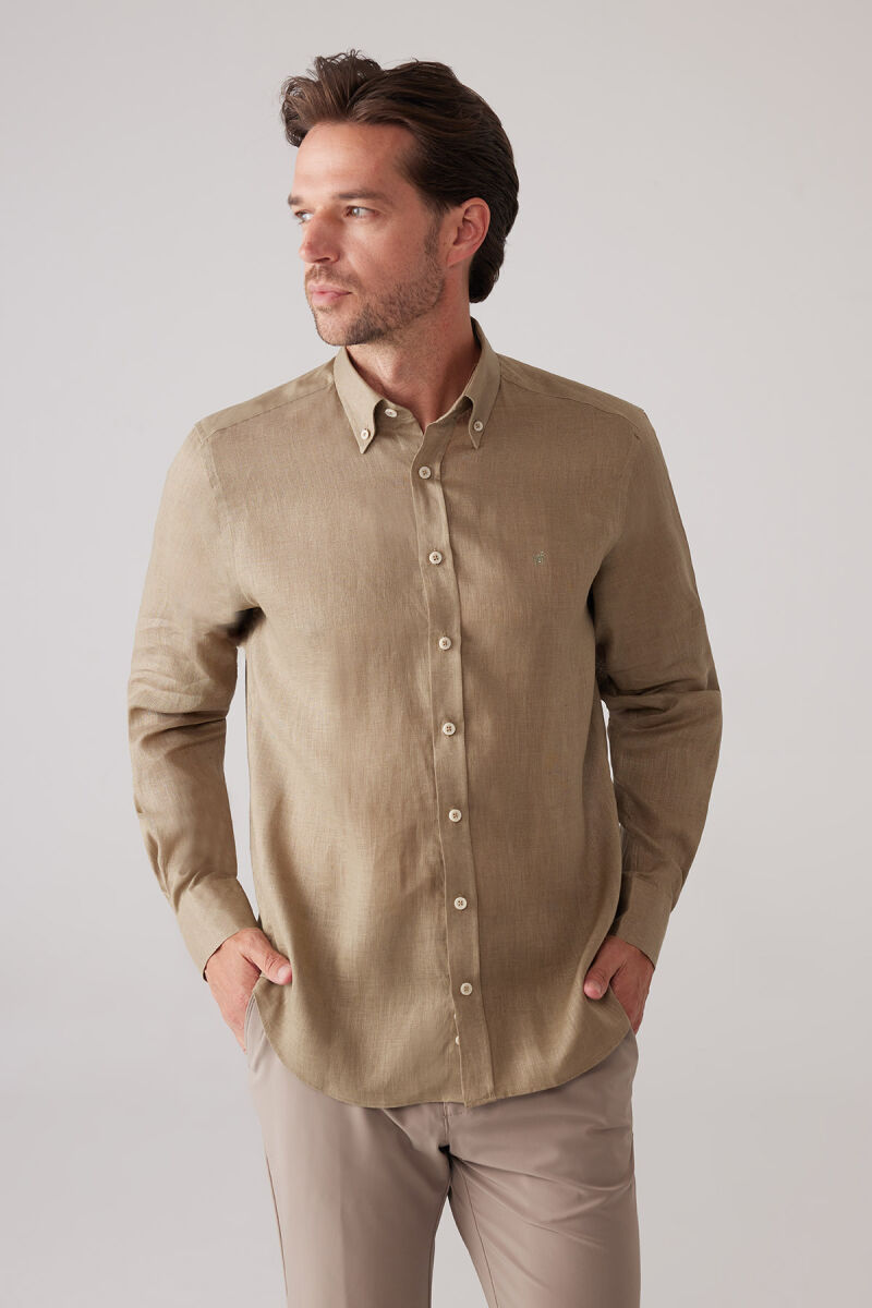 Erkek Haki Yeşil Slim Fit Yaka Düğmeli %100 Keten Gömlek - 6