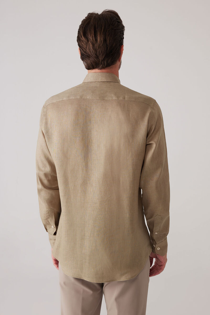 Erkek Haki Yeşil Slim Fit Yaka Düğmeli %100 Keten Gömlek - 8