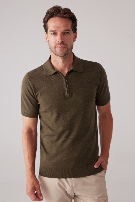 Erkek Haki Yeşil Slim Fit Yarım Fermuarlı Pamuk-Kaşmir Polo Tişört