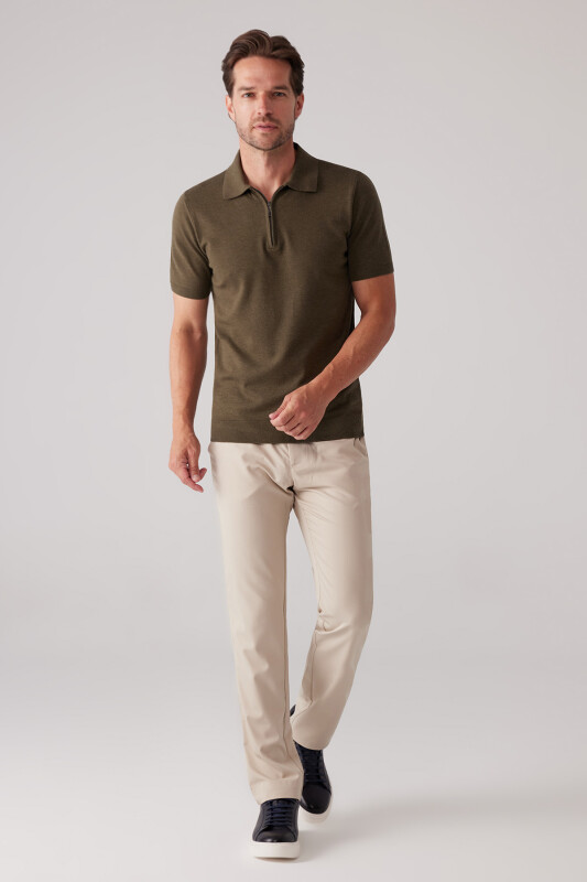 Erkek Haki Yeşil Slim Fit Yarım Fermuarlı Pamuk-Kaşmir Polo Tişört