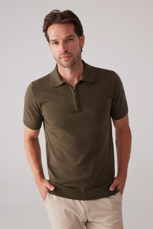 Erkek Haki Yeşil Slim Fit Yarım Fermuarlı Pamuk-Kaşmir Polo Tişört