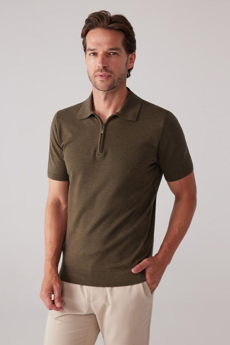Erkek Haki Yeşil Slim Fit Yarım Fermuarlı Pamuk-Kaşmir Polo Tişört - 4
