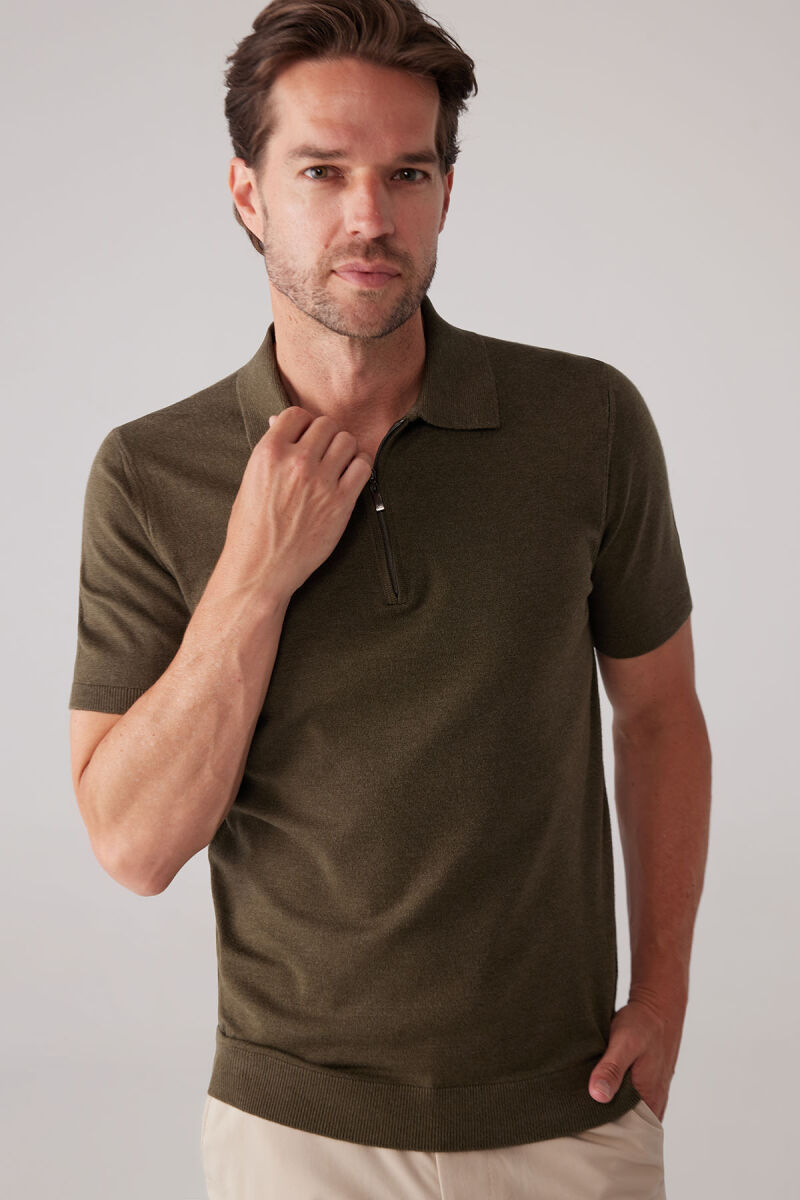 Erkek Haki Yeşil Slim Fit Yarım Fermuarlı Pamuk-Kaşmir Polo Tişört - 5