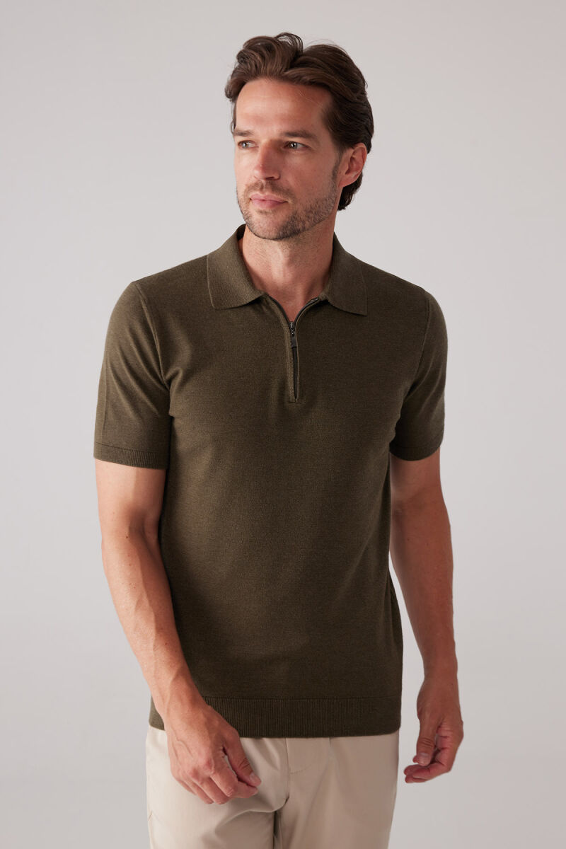 Erkek Haki Yeşil Slim Fit Yarım Fermuarlı Pamuk-Kaşmir Polo Tişört - 6