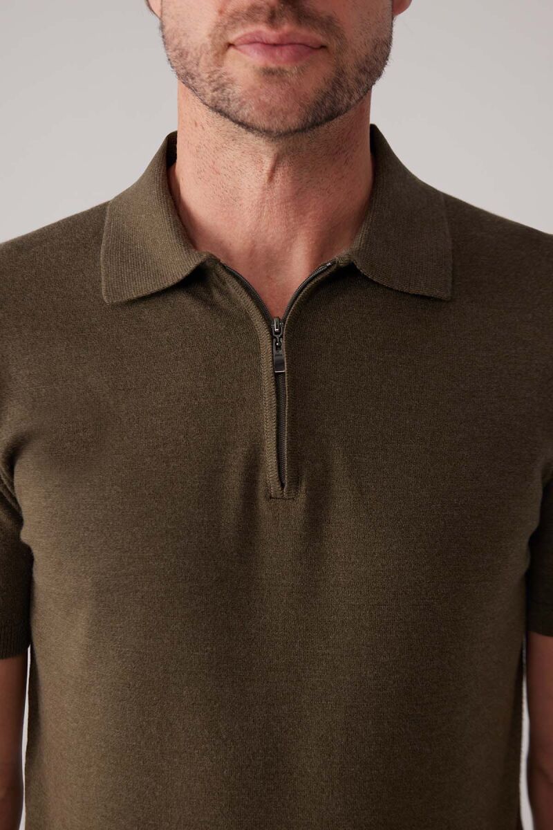 Erkek Haki Yeşil Slim Fit Yarım Fermuarlı Pamuk-Kaşmir Polo Tişört - 7