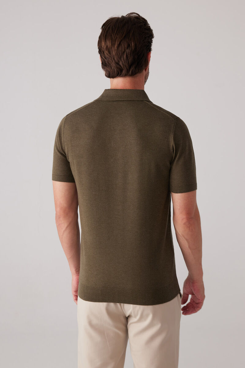 Erkek Haki Yeşil Slim Fit Yarım Fermuarlı Pamuk-Kaşmir Polo Tişört - 8