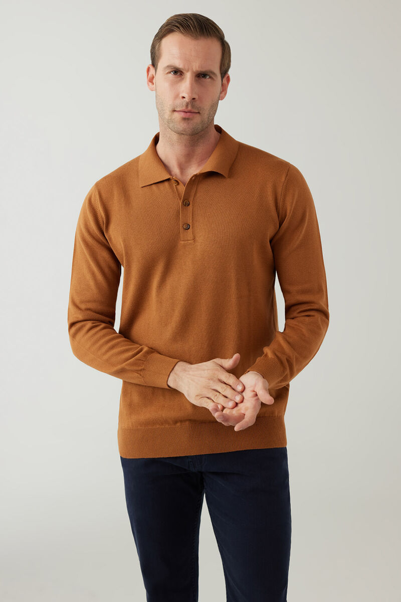 Erkek Hardal Pamuklu Polo Yaka Triko - 1