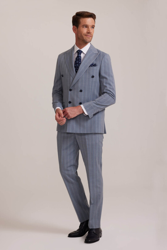 Erkek Havacı Mavi Regular Fit Çizgili Kruvaze Takım Elbise