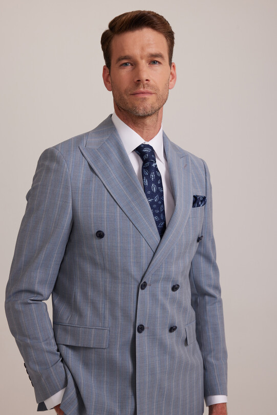 Erkek Havacı Mavi Regular Fit Çizgili Kruvaze Takım Elbise
