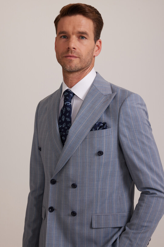 Erkek Havacı Mavi Regular Fit Çizgili Kruvaze Takım Elbise