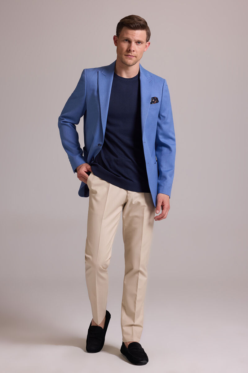 Erkek İndigo Mavi Regular Fit Sivri Yaka Tek Ceket - 3