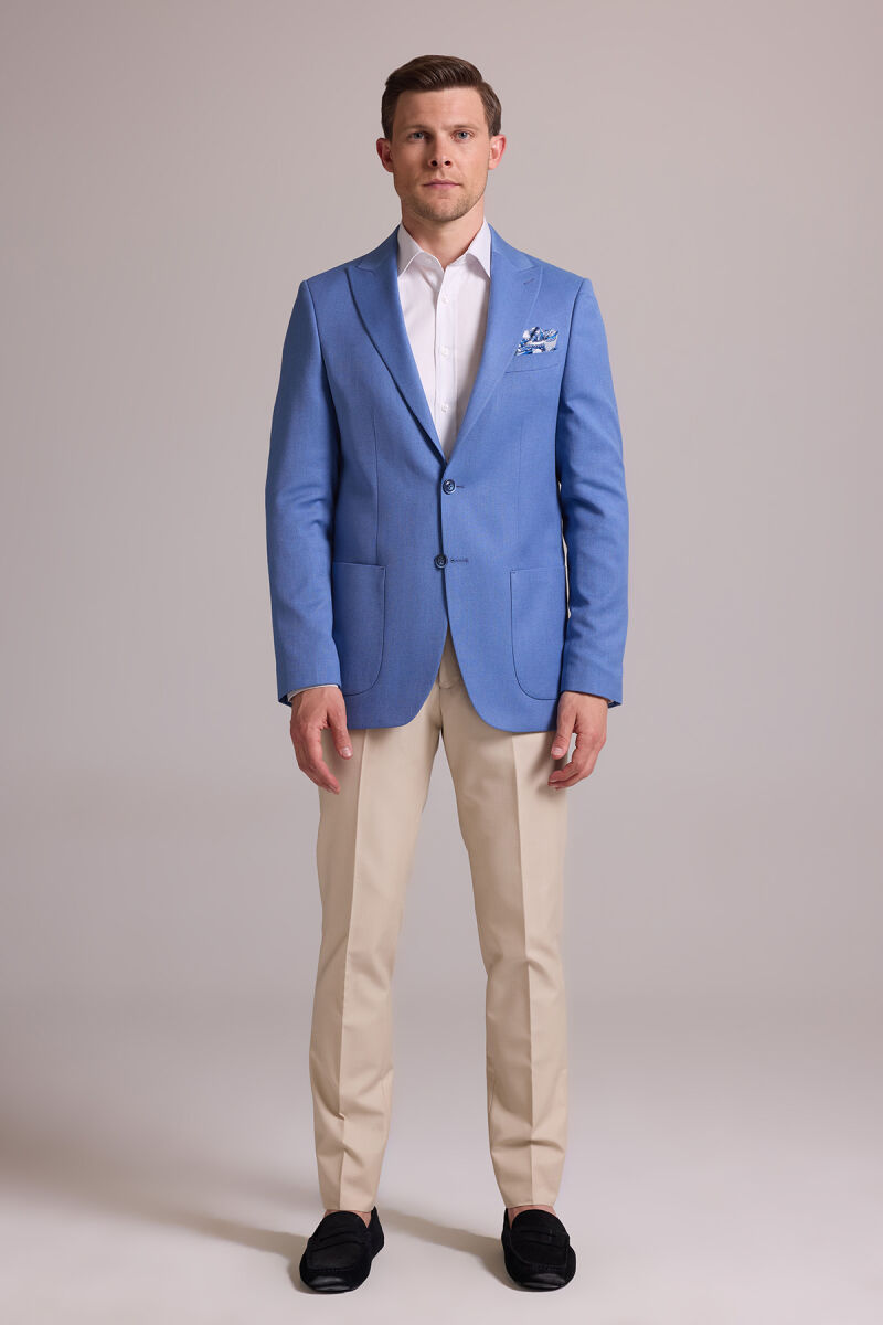 Erkek İndigo Mavi Regular Fit Sivri Yaka Tek Ceket - 4