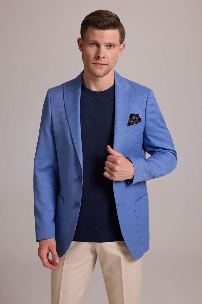 Erkek İndigo Mavi Regular Fit Sivri Yaka Tek Ceket - 5