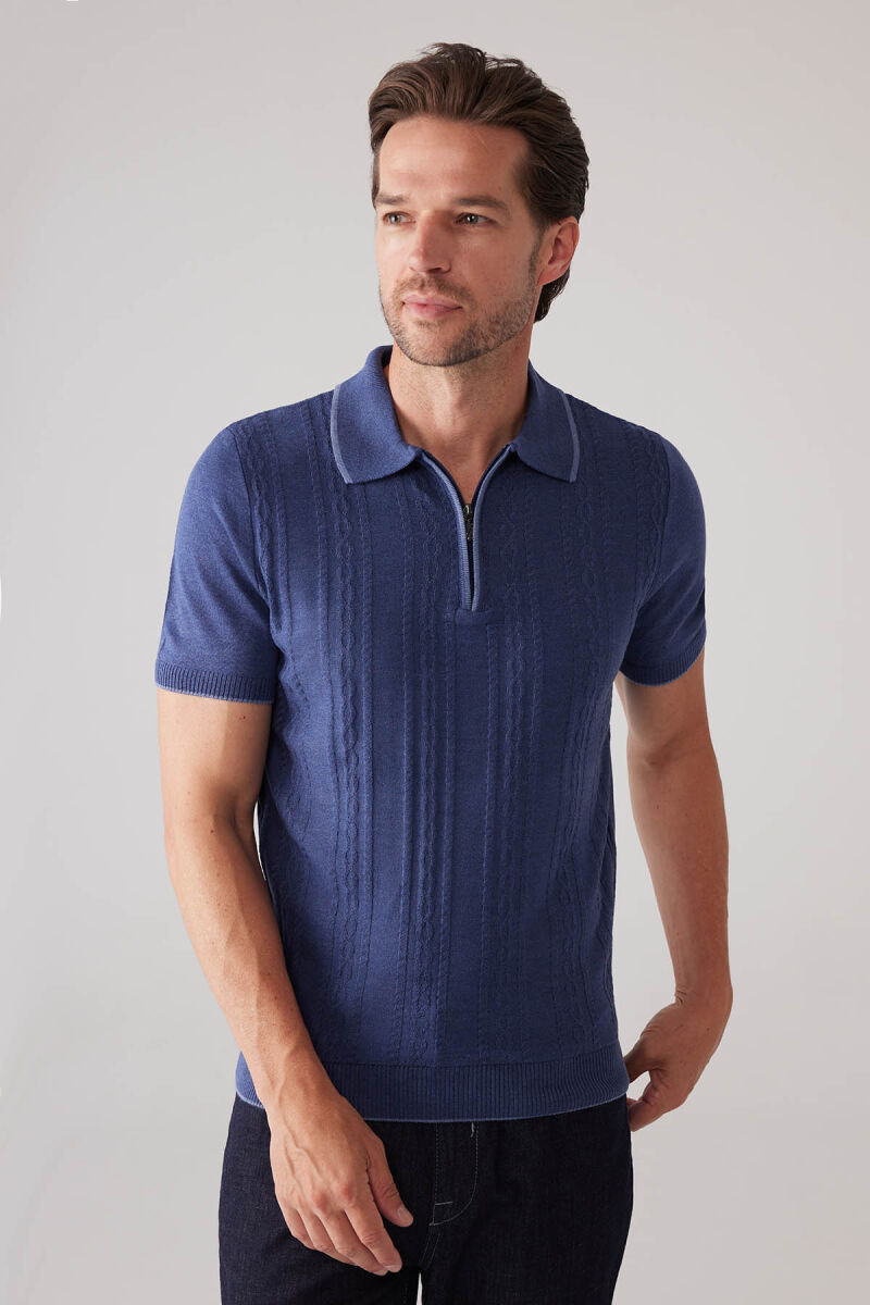 Erkek İndigo Mavi Slim Fit Örgü Desen Fermuarlı Polo Yaka Tişört - 1